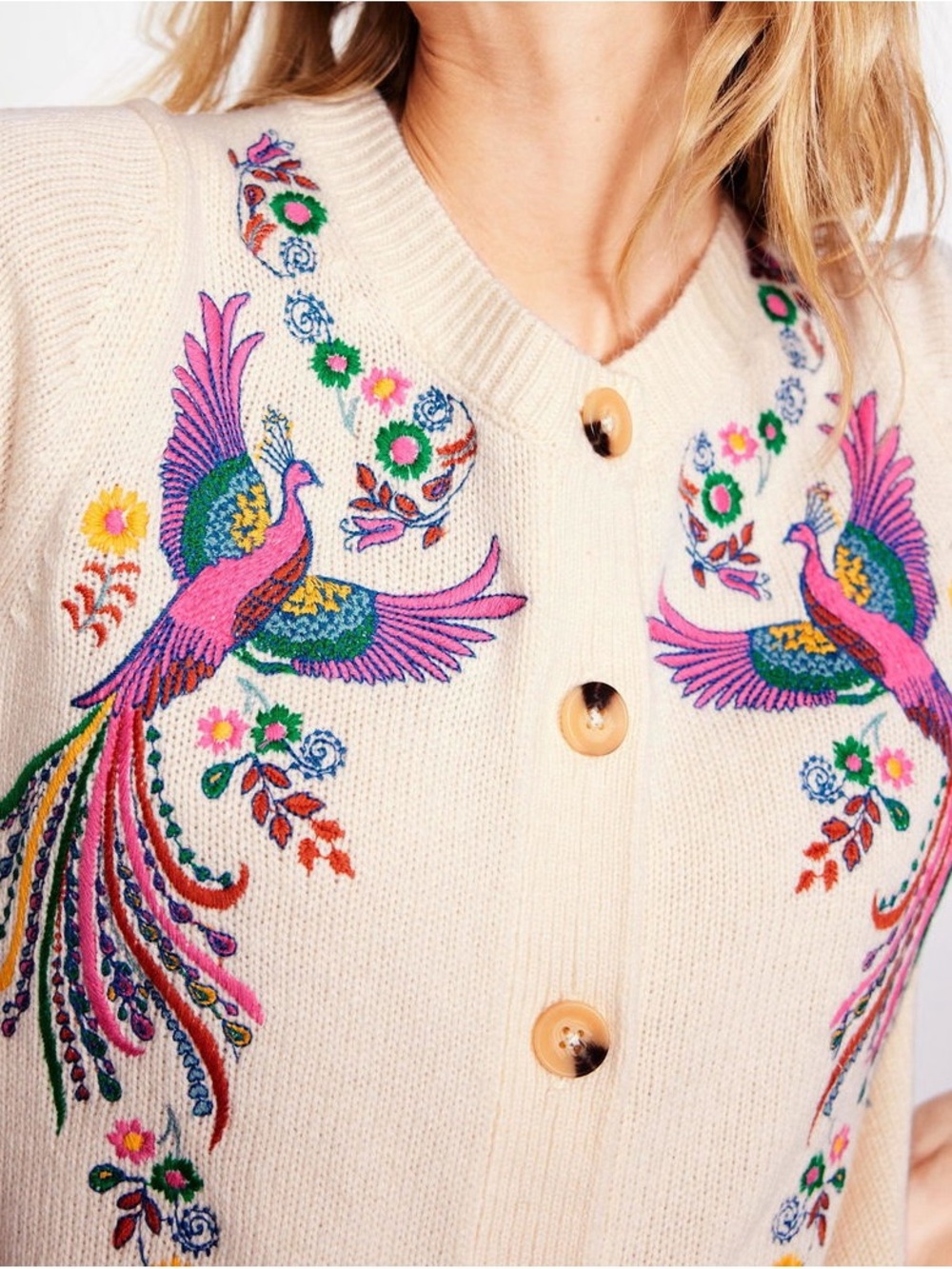 Boden Embroidered Peacock Cardigan Ivory Wool Alpaca Blend XS